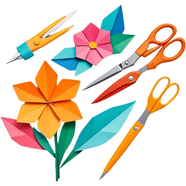 Paper crafting icon, various paper crafts like origami, paper flowers, and scrapbooking materials, visible tools such as scissors, glue stick, and paper sheets, colorful paper patterns, minimalistic style, clean lines, transparent background. emoji