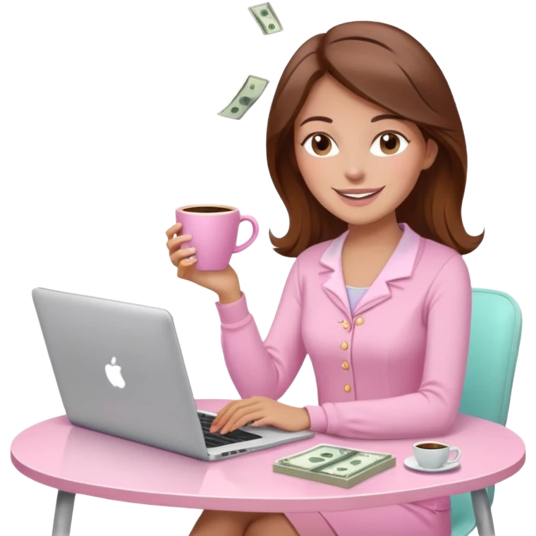  woman character with laptop and coffee relax table, dollars are floating, colorful pastel pink outfit, white laptop, brownn hair, fair skin,  emoji