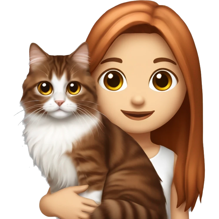Copper red straight long haired dark brown eyed girl holding tabby and white Siberian cat emoji