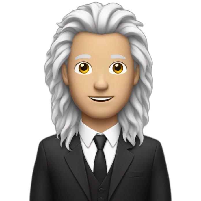 White man with black lion's mane hair and wearing a suit emoji