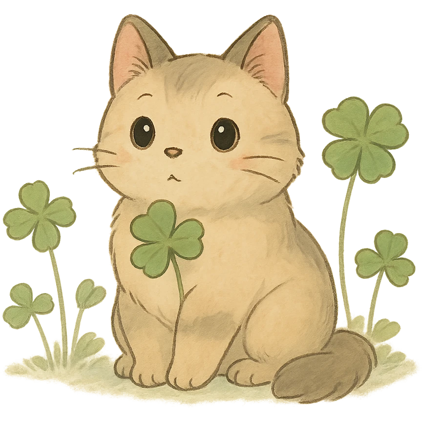 ghibli style cat with clover leaves, soft colors emoji