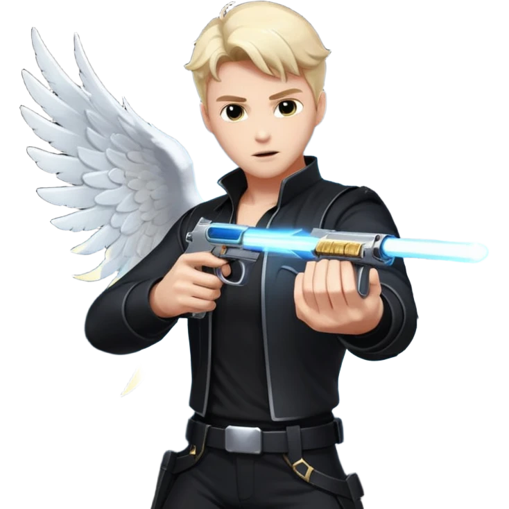 male Angel dual-wielding pistols, shooting, dynamic action pose, glowing wings, black clothes no background














 emoji