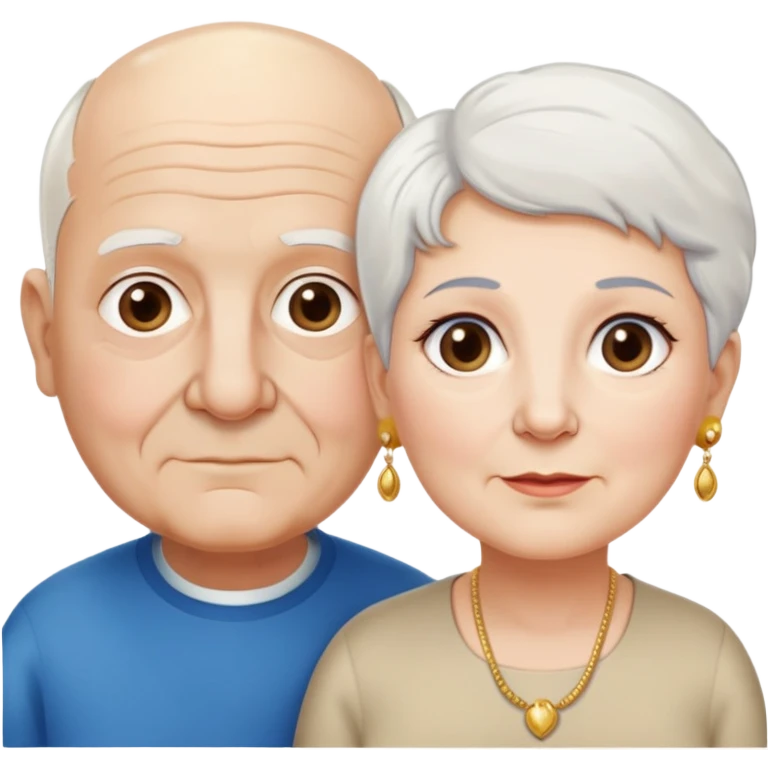 Una abuela italiana blanca de ojos marrones con cabello corto blanco y aretes de oro, junto a su esposo de ojos azules, abuelo de piel blanca italiano, un poco gordo con pelo blanco corto calvo, sin nada de bigote  emoji