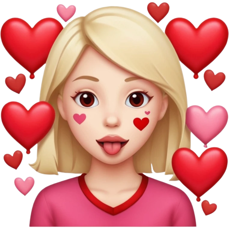 A cross eyed person with their tongue out far with Valentine’s Day decor/hearts around emoji