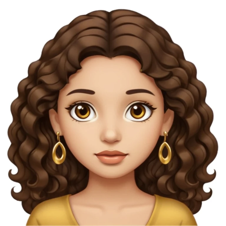 light skinned girl, little thicker body type, wavy dark brown hair, brown eyes, long eyelashes, earrings emoji
