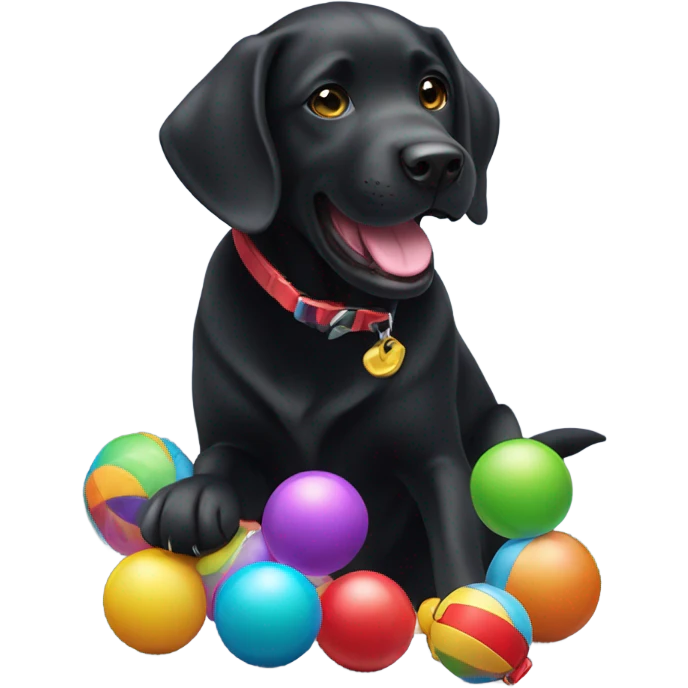 A black labrador with a toy emoji