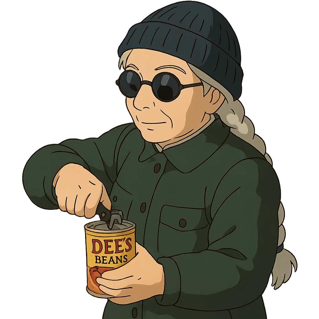 1 female, long white braid, knit cap, dark sunglasses, DARK GREEN HUNTER JACKET, USING A SMALL BLACK HANDHELD CANOPENER TO OPEN A CAN OF DEES BEANS emoji