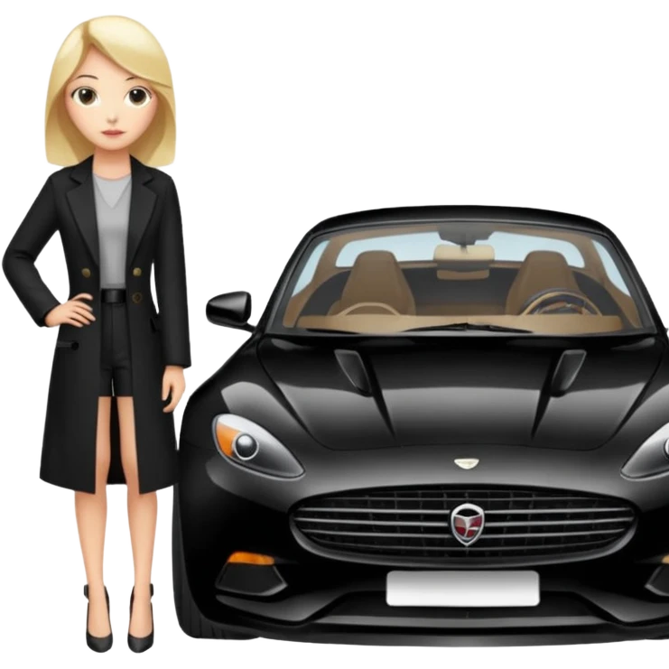 A fast, expensive black car with a young woman beside it emoji