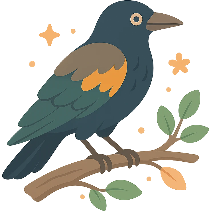 A mysterious crow perched on a branch, surrounded by a soft, magical atmosphere. The crow’s feathers are deep, dark hues with hints of golden orange (FA9B41), forest green (4A7C5C), muted taupe brown (96775A), and pastel peach (FFCC9A) subtly blending into its plumage. The branch is weathered and textured, with small leaves in green and peach tones, and delicate flowers or tiny sparks floating around. The lighting is soft and ambient, casting a warm, mystical glow over the scene, creating a quiet yet enchanting atmosphere. The crow’s sharp eyes and poised posture add to the mysterious, slightly gothic vibe of the moment emoji