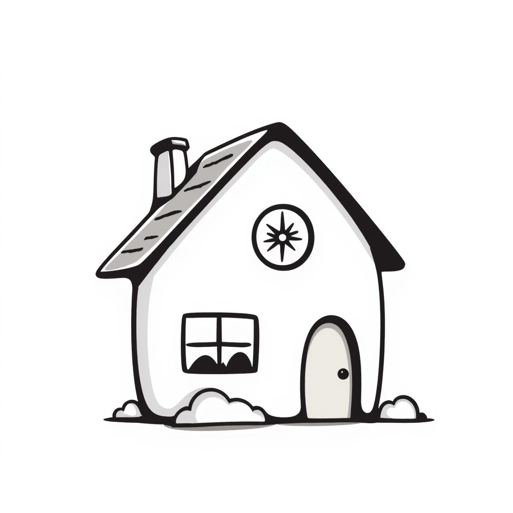 A cute small house/cottage with roof and windows in pastel colors (dd9fb0, ffc6d3, a3bfc9, c4bee2, f1b091), hand-drawn doodle style emoji
