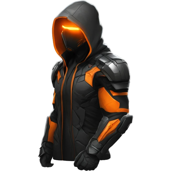 Side view developer behind his laptop with this style : crysis Cyberpunk Valorant orange glowing bright orange character orange black hooded assassin themed character emoji