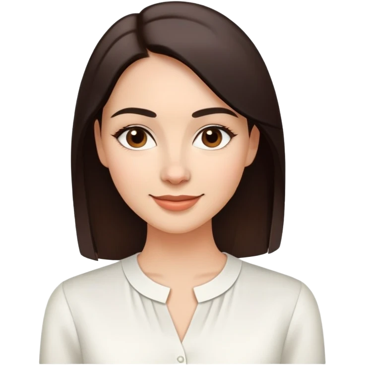 Young woman in her 30s with light skin, oval face, soft features, large dark brown eyes, medium eyebrows, small nose, friendly smile, long straight dark brown hair, wearing a white elegant blouse emoji