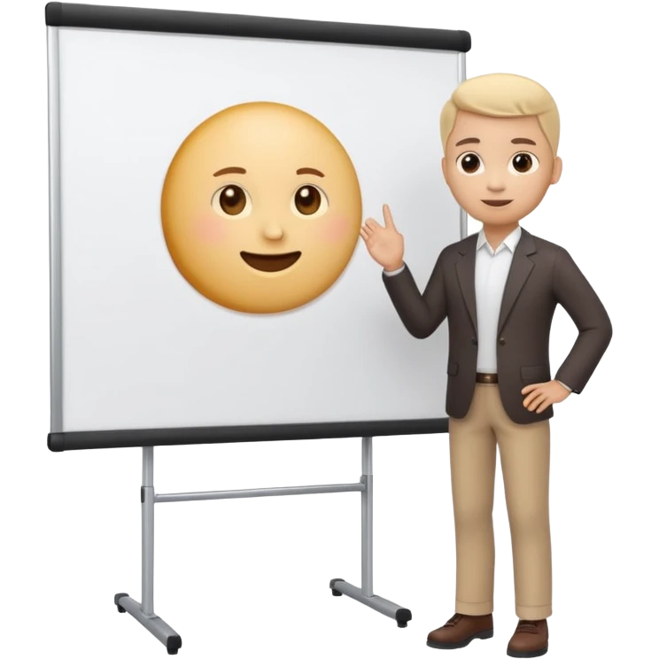 A clean emoji-style illustration of a person giving a presentation, standing next to a large presentation board on a stand, the board is oversized and clearly visible, no podium, no desk, no table, friendly proportions, soft 3D emoji style emoji