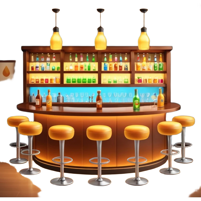 A 3D cartoon bar interior with bottles on glass shelves, counter lighting, high stools, and glowing drink glasses, warm ambient light, realistic Memoji-style. emoji