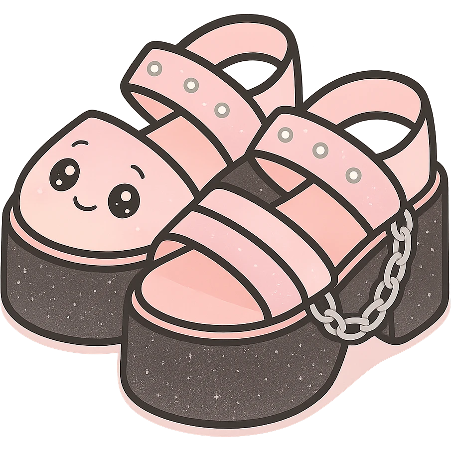 Add a subtle glitter effect to the black-to-pastel pink gradient platform sandals with silver studs and chains, kawaii style, no socks, no hearts, transparent background emoji
