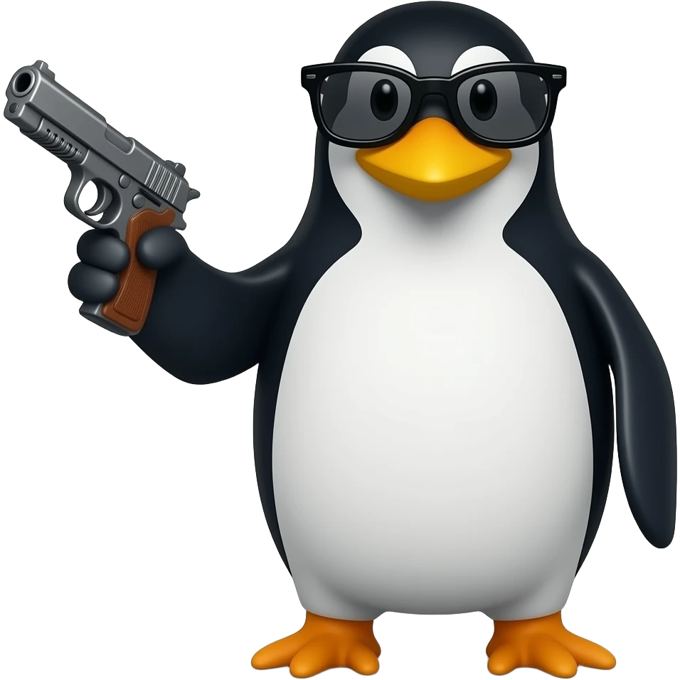 A penguin wearing black tinted glasses holding a gun emoji
