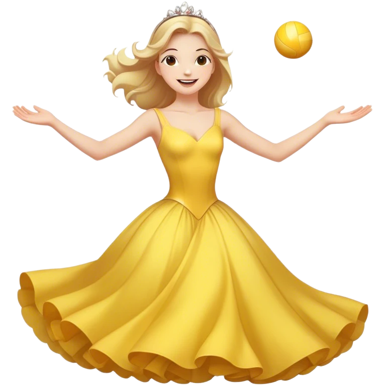 Cinematic Playful Belle Portrait Emoji, Spinning joyfully in her ball gown, arms outstretched, a radiant smile lighting up her face, exuding an enchanting blend of fun and elegance! emoji