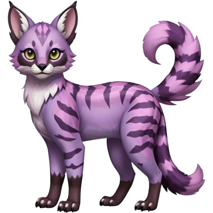 Cute kawaii cool edgy badass Colorful pale minty lilac onyx fruity glorious exotic neon vibrant zigzagged fantasy-caracal-civet-genet-sergal-vernid-Gryphon-Cacomistle-Trico-oncilla-animal-Fakémon-hybrid-fursona (full body), facial markings, (realism style) emoji