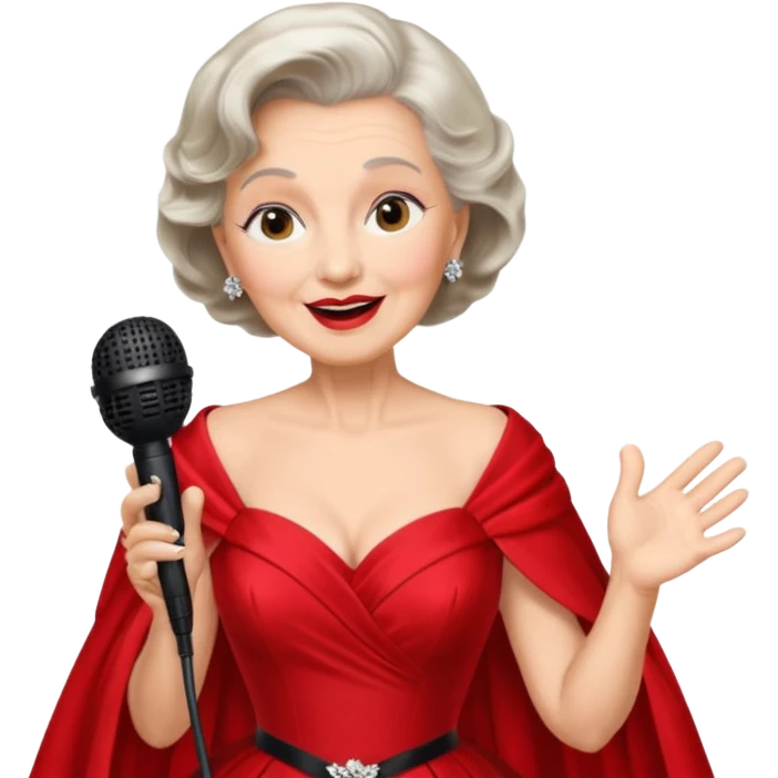Older woman – elegant gown, 50s, diva, red dress, singing into mic emoji