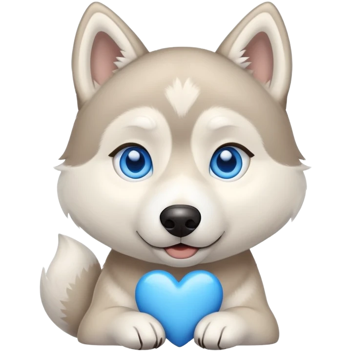 Beige husky with blue eyes holding a blue heart emoji