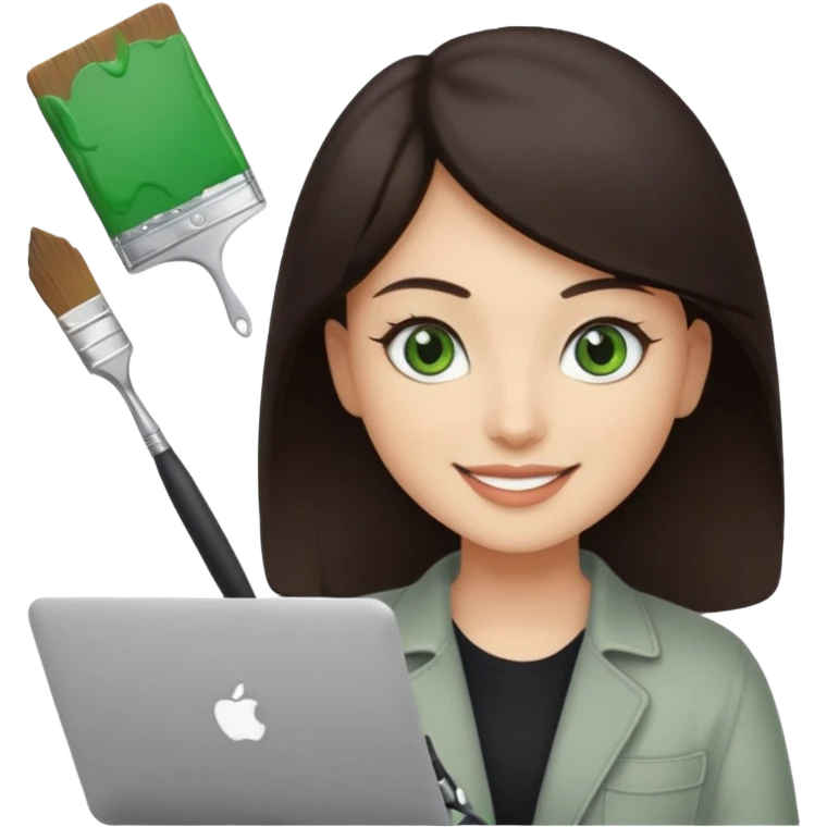 happy Graphic designer whit a MacBook, him eyes green color and dark brown hair, he is paint artist emoji