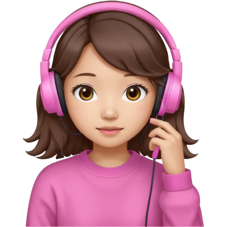 a asian japanese girl with wavy silky brown hair and no bangs. she has a cute pink gaming headphones. she is wearing a cute pink sweater  emoji