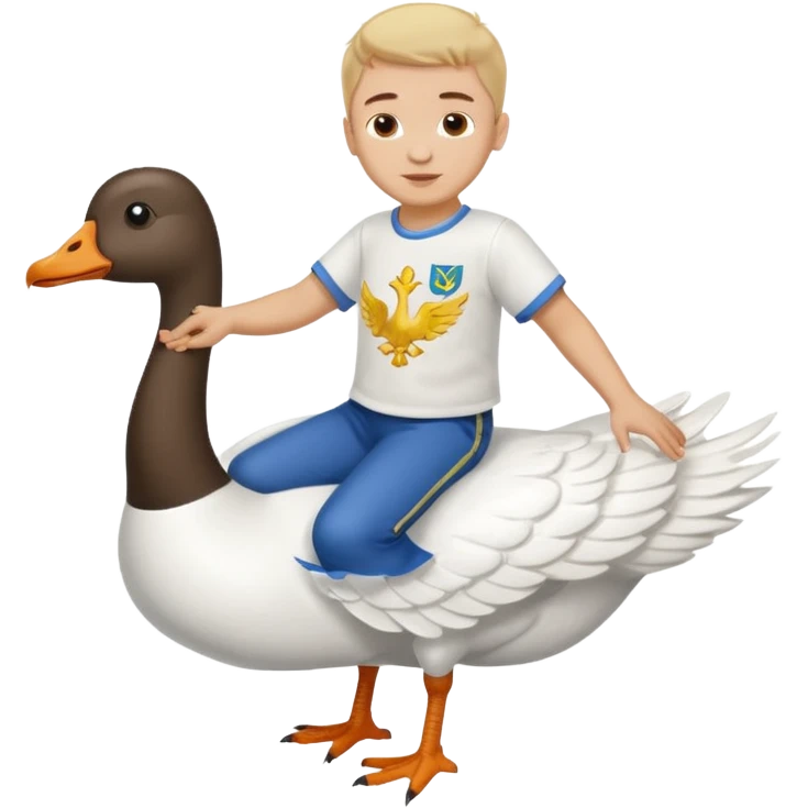 A boy in a Ukrainian white embroidered shirt flies on a white goose emoji