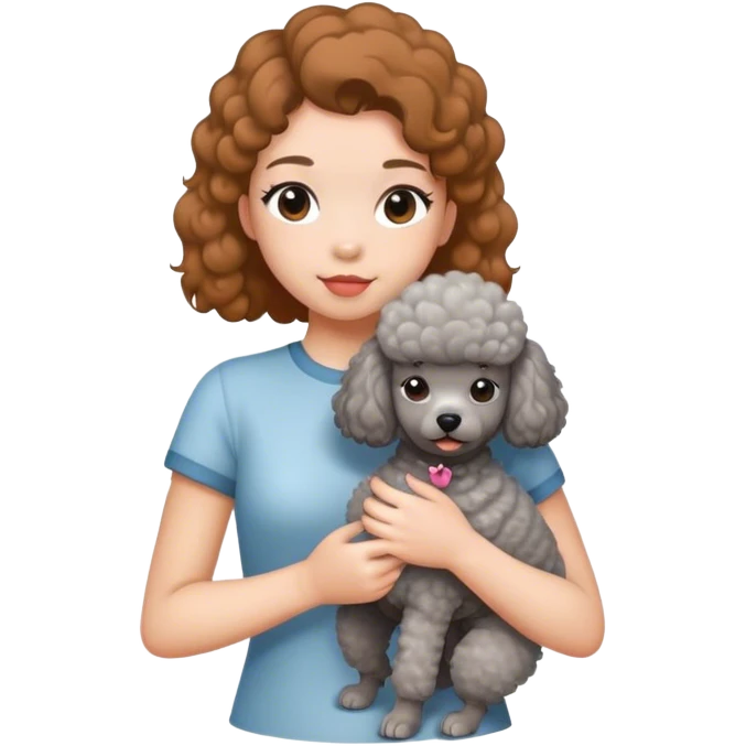 A girl with caramel brown ponytail holding a grey poodle emoji