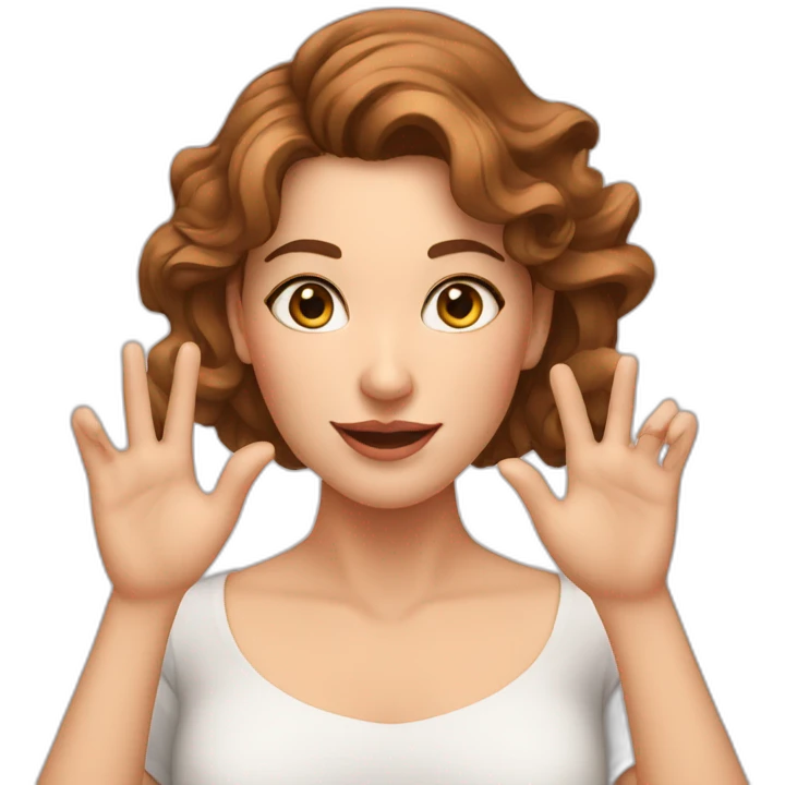 white woman, brown wavy hair, making heart gesture by hands, long earrings emoji