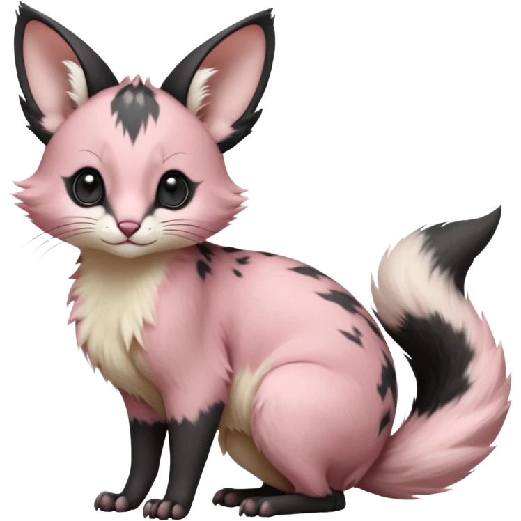 Pastel Pink, black-pointed, soft natural realistic romantic vintage antique divine beautiful elegant pretty precious cute young youthful  Fakémon-Pokémon-opossum-feline-mouse-serval-caracal-chinchilla-Minccino-Cinccino-Meowstic-rodent-hybrid-creature with a big fluffy bushy tail (full body) emoji