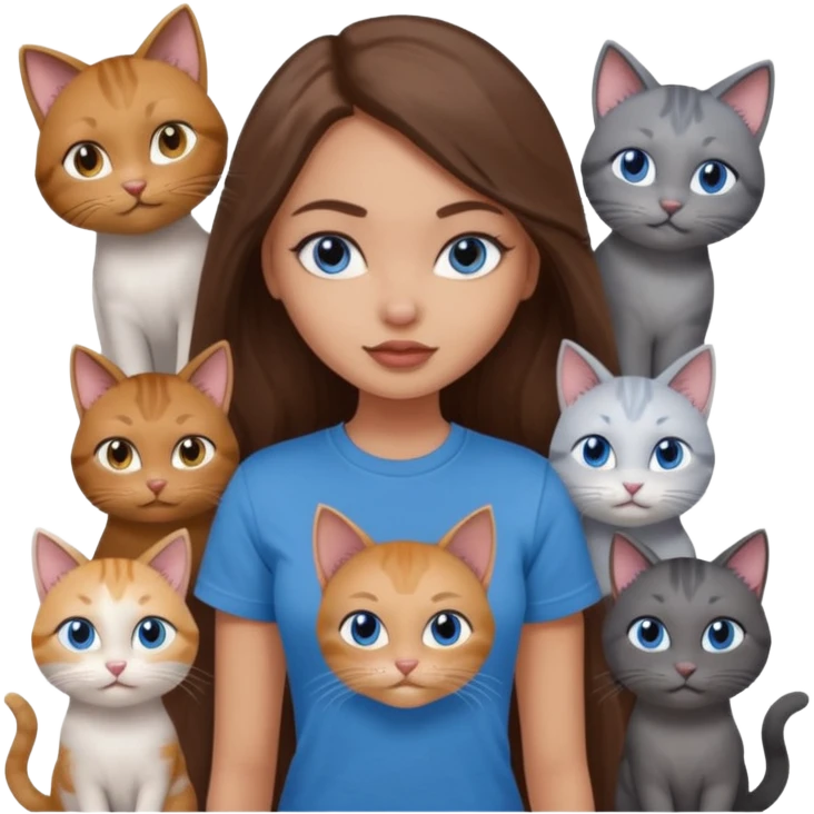 a pretty bratz dusky light skin girl with long brown hair, blue eyes with six cats nd wearing a grey tshirt emoji