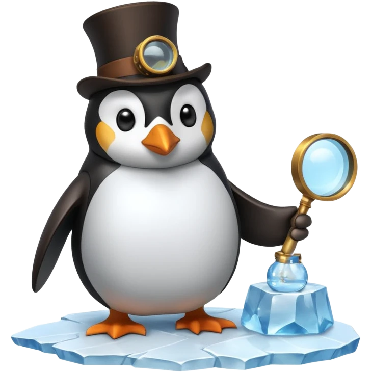 a steampunk engineer penguin analysing a data stream with a magnifying glass on top of an iceberg emoji