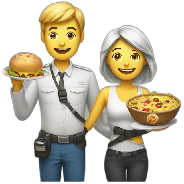 man woman with camera in one hand and food in other hand, happy smiling emoji