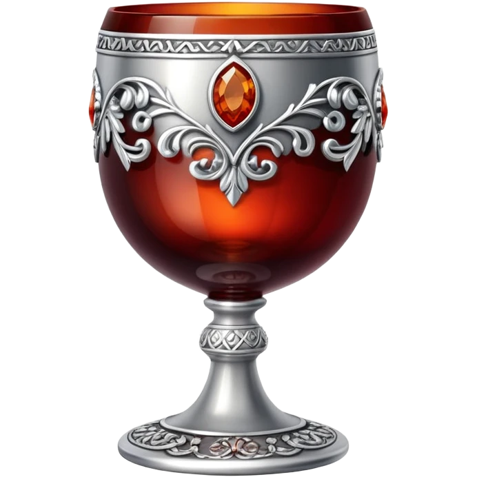 ornate silver goblet decorated with red amber stones filled with red wine emoji