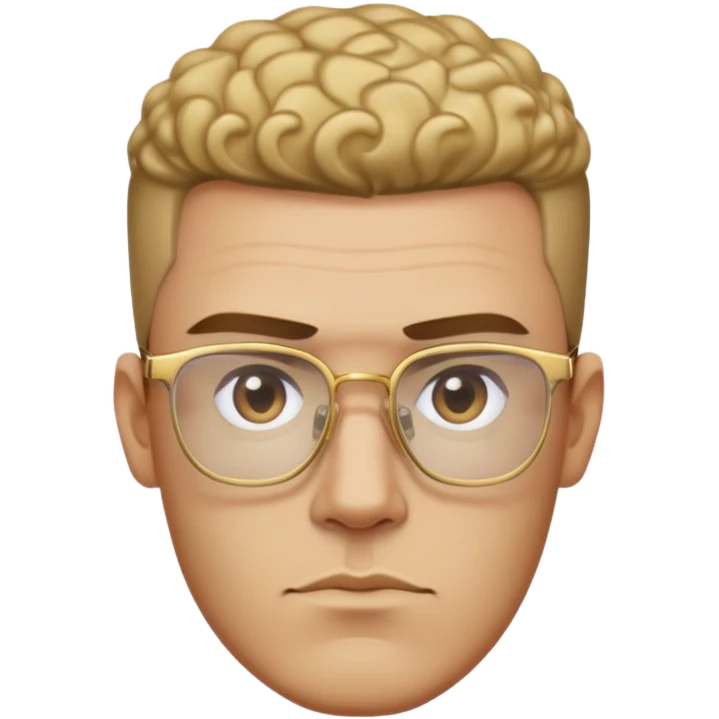 Man with angular square face, thick straight eyebrows, short fade haircut with faded sides and curly top, light stubble, neutral serious expression, wearing large square gold glasses emoji