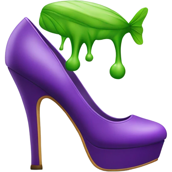 A purple platform high heel with green stink lines above it and 2 flies buzzing above it emoji