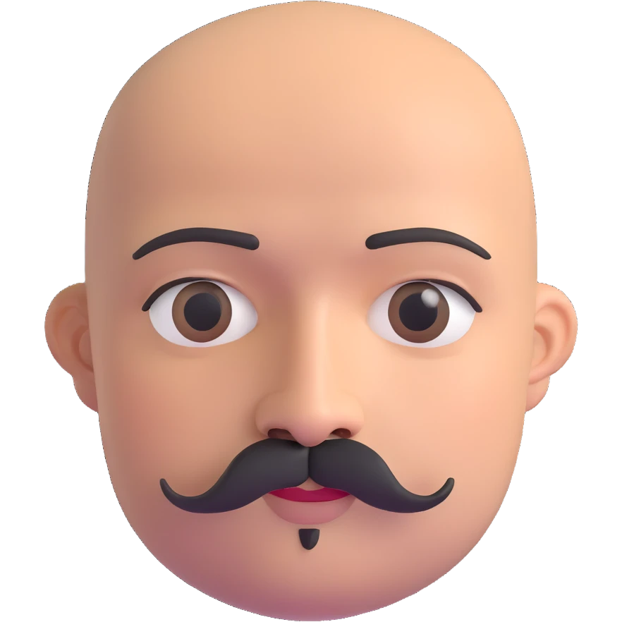 Bald man with smooth oval head, indigenous facial features, 37 years old, with only a mustache and thin beard connecting chin to lips, memoji style emoji