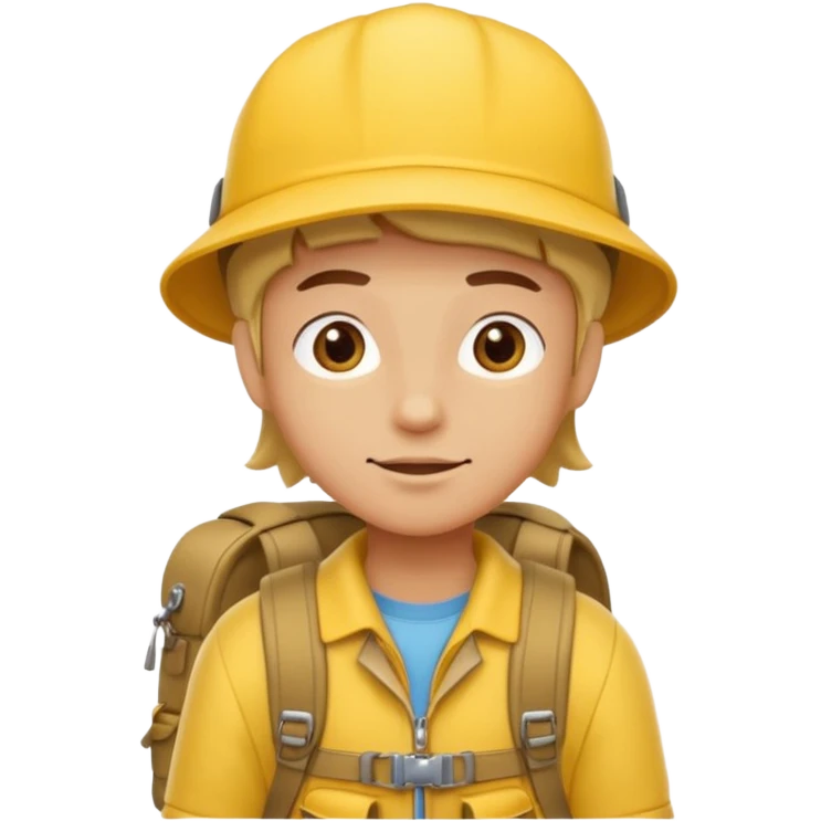 Cartoon explorer wearing a yellow cap and yellow backpack, casual outdoor outfit emoji