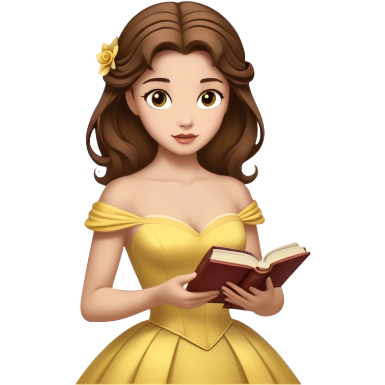 Cinematic Realistic Belle Portrait, depicted with lifelike skin texture, soft natural lighting, and intricately detailed brown hair styled elegantly. Her deep, expressive eyes exude warmth and intelligence, complemented by a serene and graceful expression. She gently holds a book in one hand, her other hand resting at her side, radiating an aura of beauty and intellect. She is dressed in her classic yellow ball gown, the fabric rich in texture with delicate folds that catch the light beautifully. The portrait features a soft, enchanting glow with a natural, radiant finish, capturing the essence of timeless beauty in a realistic and painterly style, evoking a sense of depth and authenticity. emoji