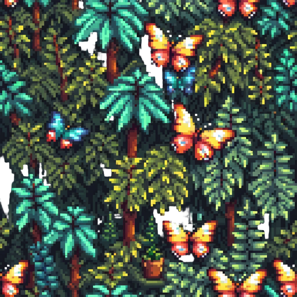 pixel art butterfly among trees and plants, forest background emoji