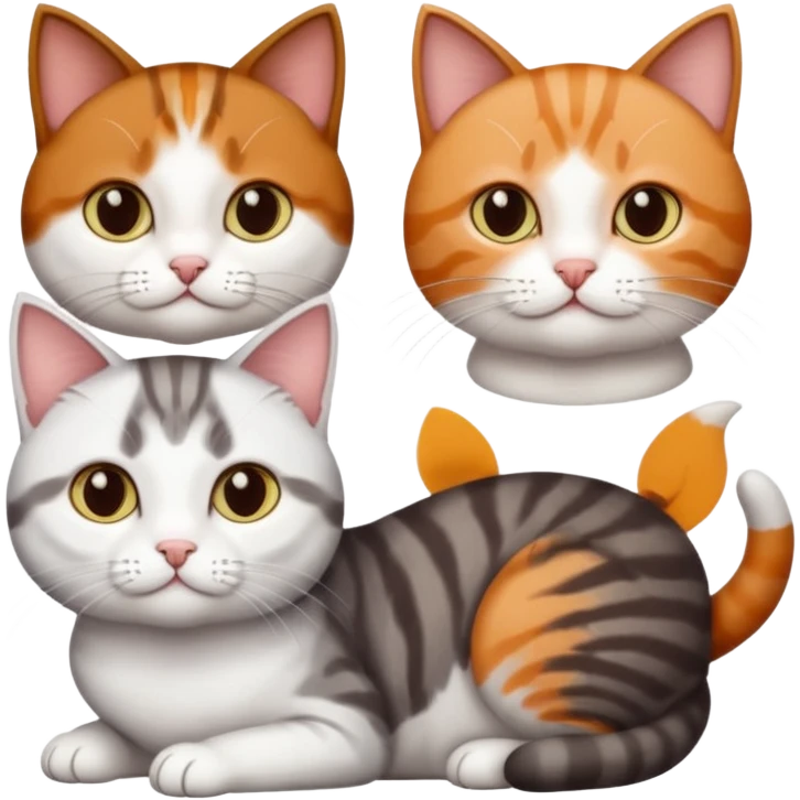 3 different coloured short haired cats, including a dark brown tabby and white cat, and a dark grey and white and a ginger and white emoji