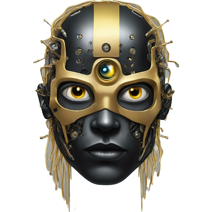 black metal male cyborg head with artificial eyeball, circuitry and wispy yellow gold hair emoji