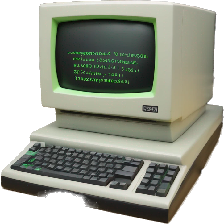 a old computer with linux screen (black and green terminal) with "rsh++" text emoji