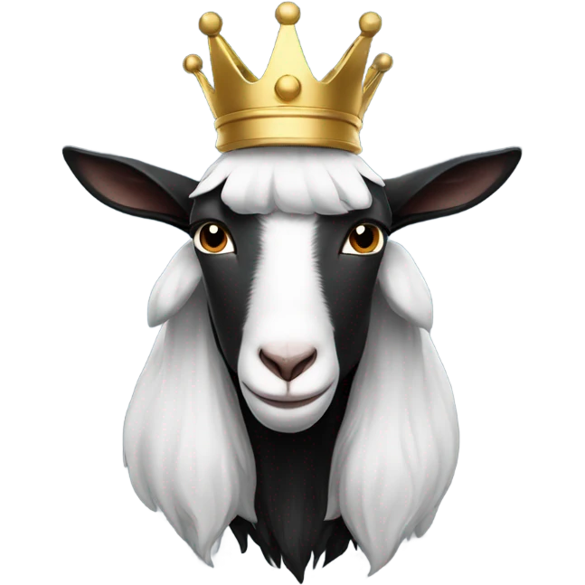 black and white Goat with horns wearing a black hoodie and big royal crown emoji