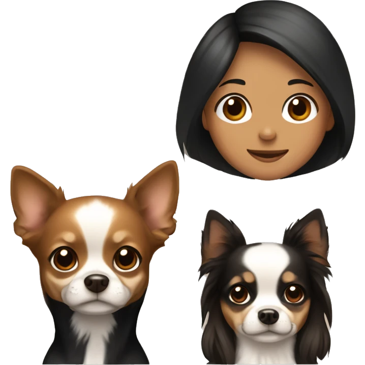 Couple, girl with black hair, Boy with Brown hair with three Long haired Chihuahuas with Creme beige an white fur  emoji