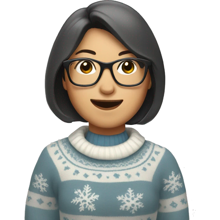 Asian woman with GLASSES AND bob, WEARING A frosty snowman sweater, shaking a cowbell emoji