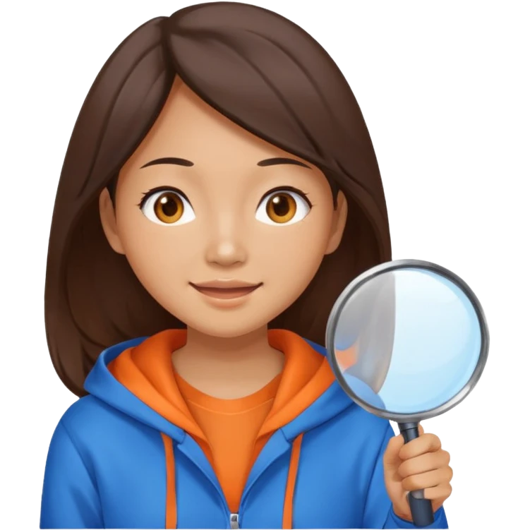 A brunette smiling asian woman wearing orange-blue hoodie holding a large magnifying glass and squinting at something to intently emoji
