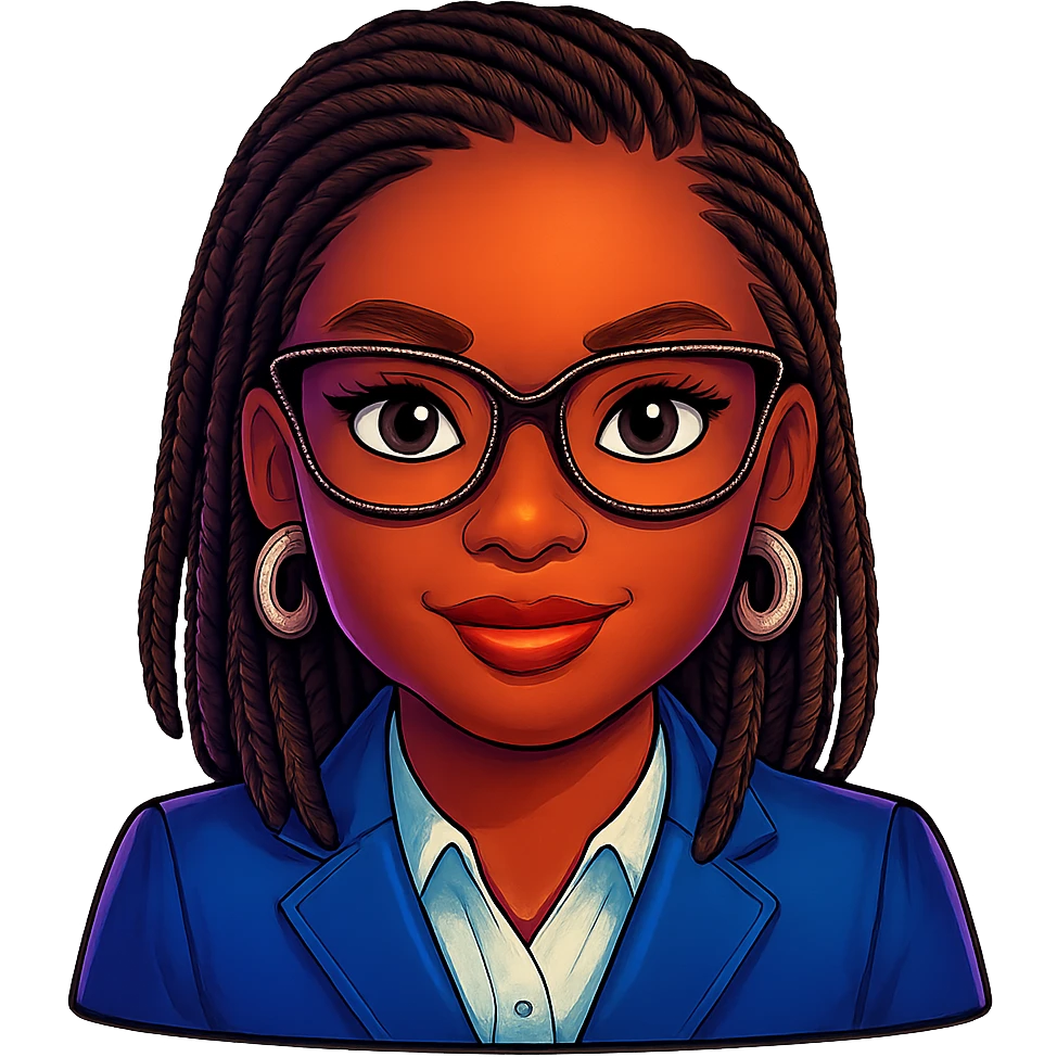 Add braided hair to Kemi Badenoch confident emoji with glasses, keep the background transparent. Maintain the style and transparent background. emoji
