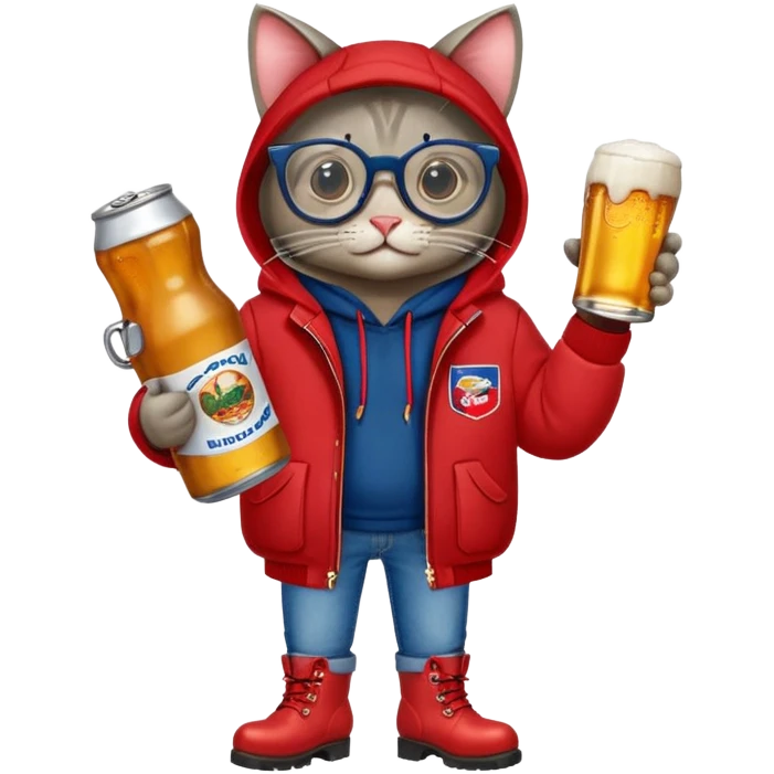Catfish in red winter jacket with hood, round glasses, blue jeans, red boots, holding a beer can with red label emoji