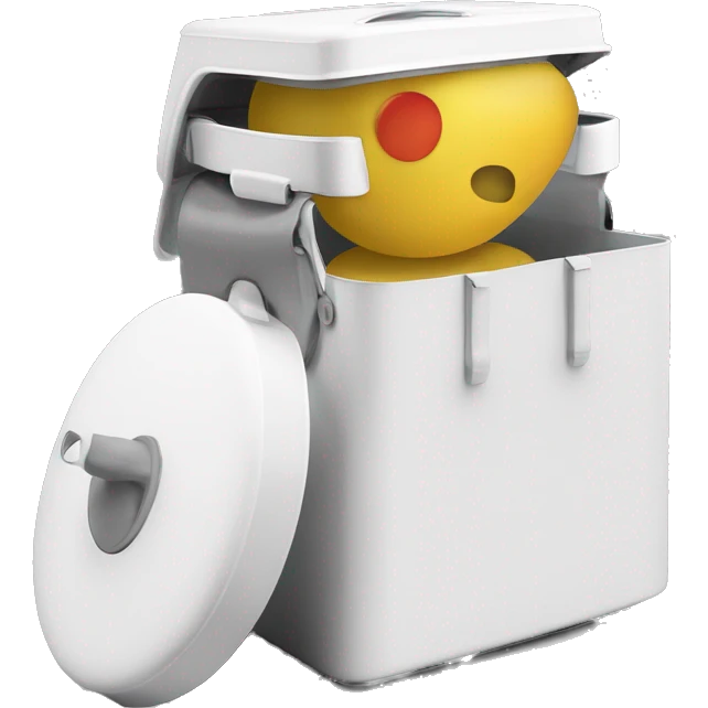 It has a flexible white handle strap that is secured by stainless steel attachments on both sides of the lid base, allowing the handle to arch upward over the top for easy carrying. emoji
